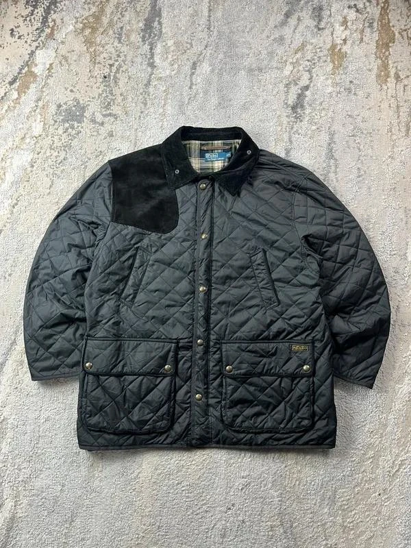 Vintage 90's Polo by Ralph Lauren Men’s Black Grey Padding Quilted Hunting Jacke